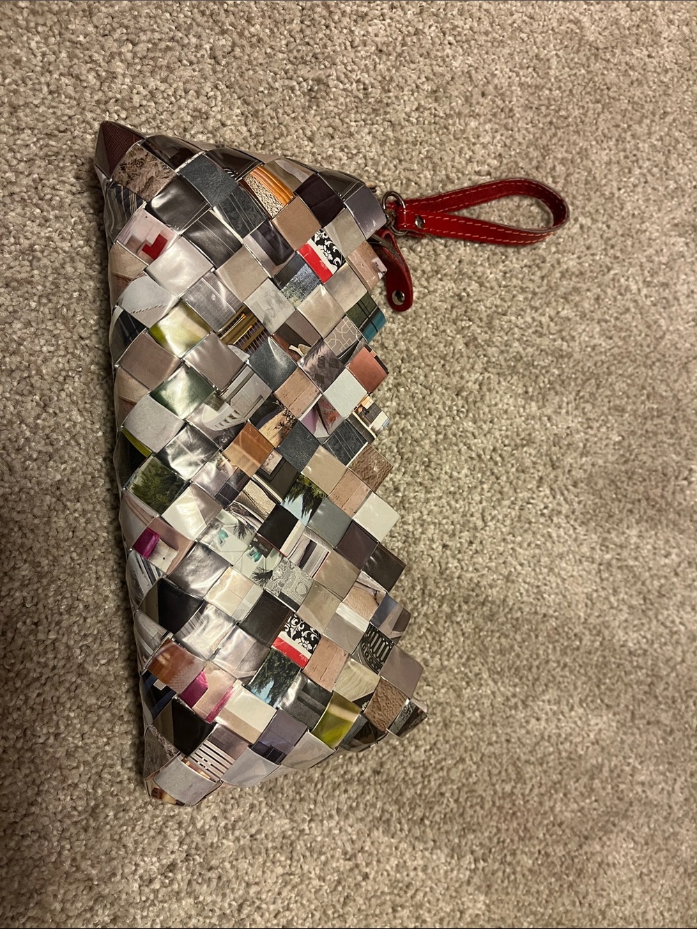 Nahuii Ollin Multicolor Woven Pouch Wristlet with Red Strap